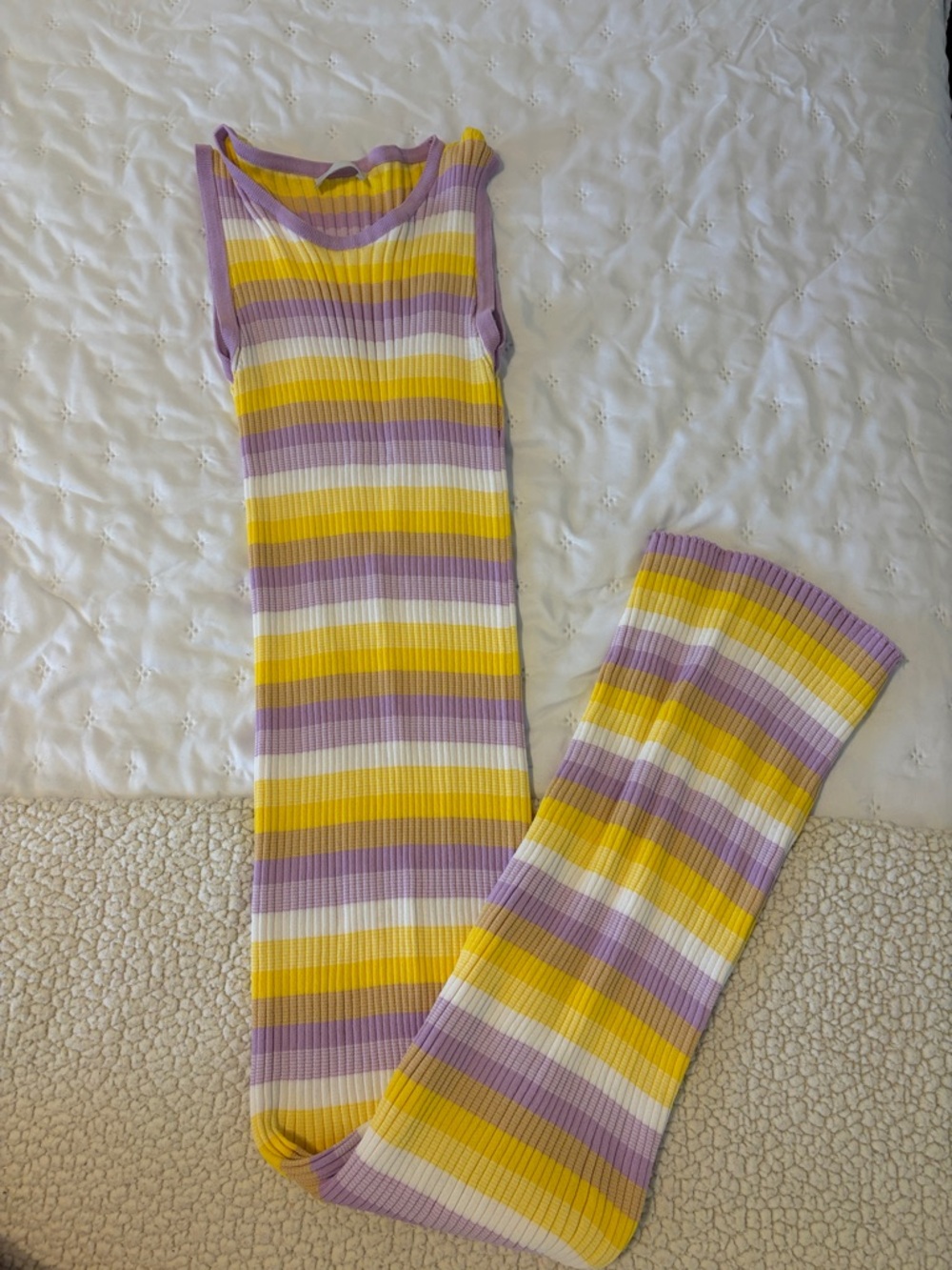 Q2 Striped Ribbed Knit Dress in Yellow, Lavender & White